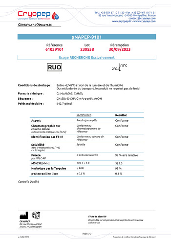 Certificat d'analyses pNAPEP-9101 Substrat Chromogène t-PA